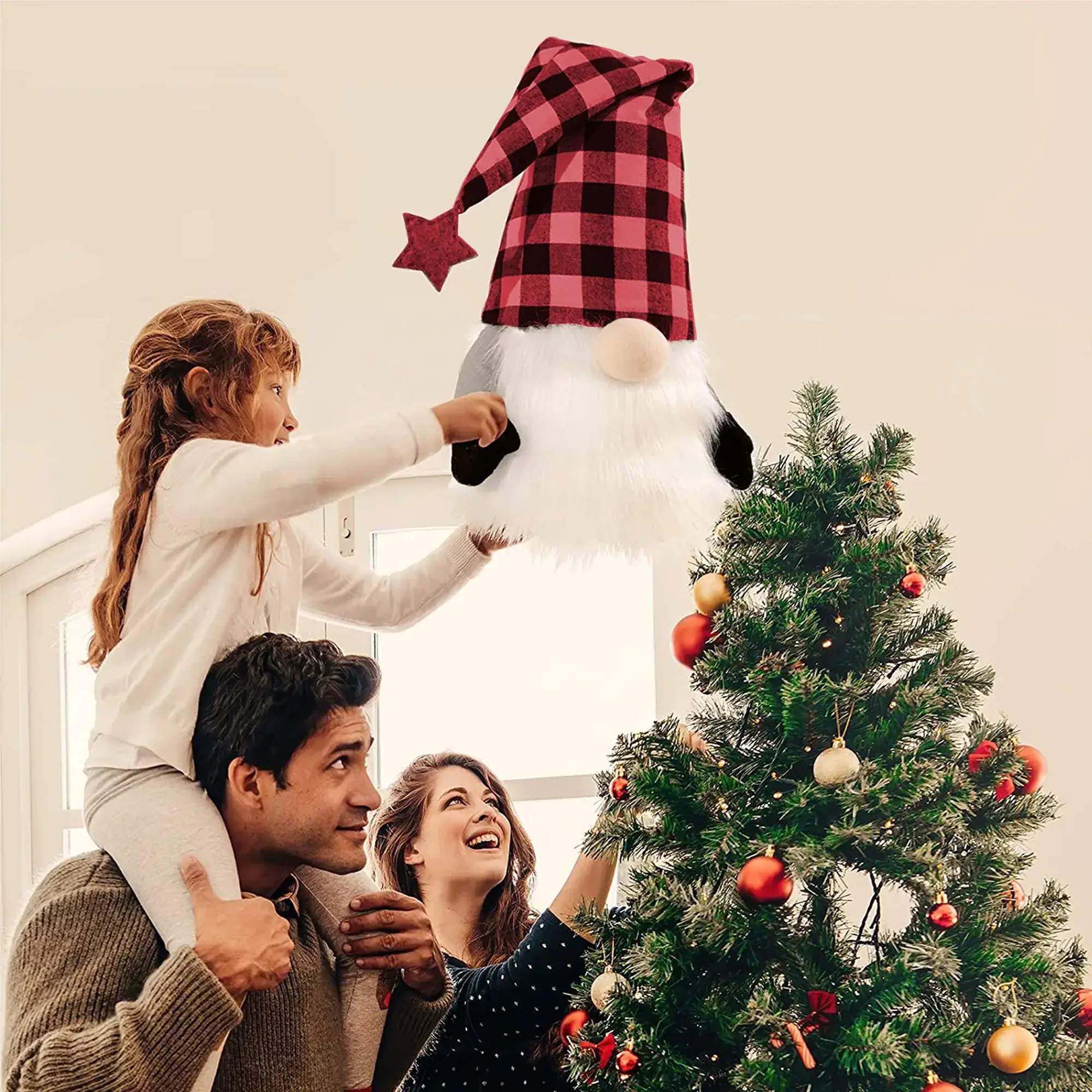27" Black And Black Felt And Faux Fur Gnome Adjustable Height Tree Topper - Image 9