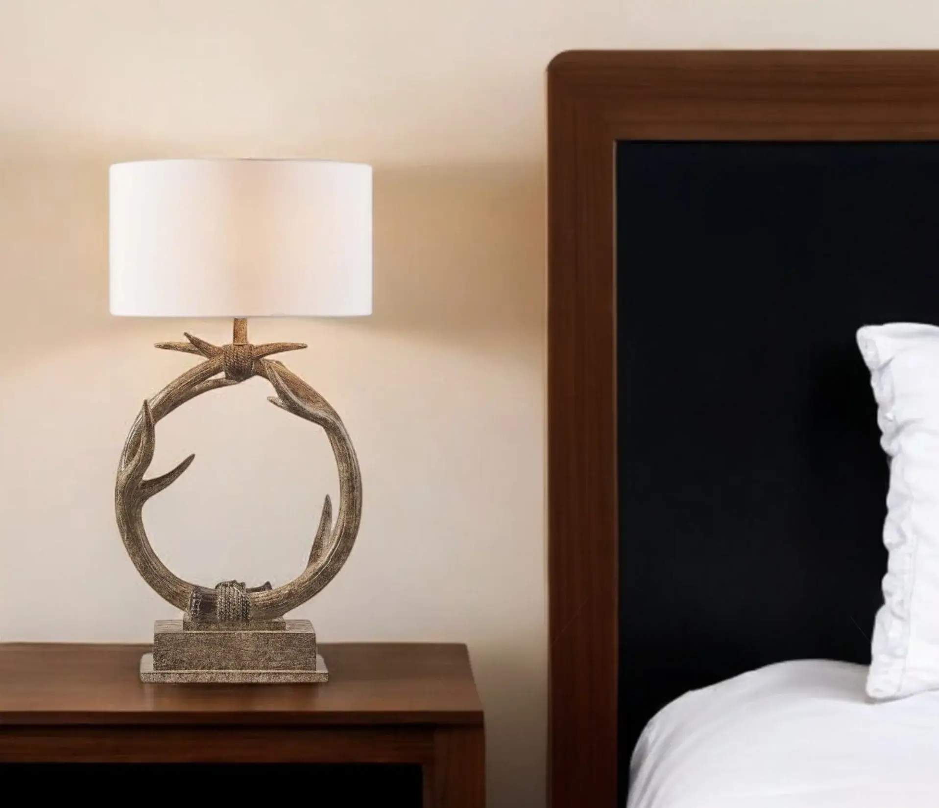 27" Brown Rustic Faux Antlers Table Lamp With White Drum Shade - Image 2