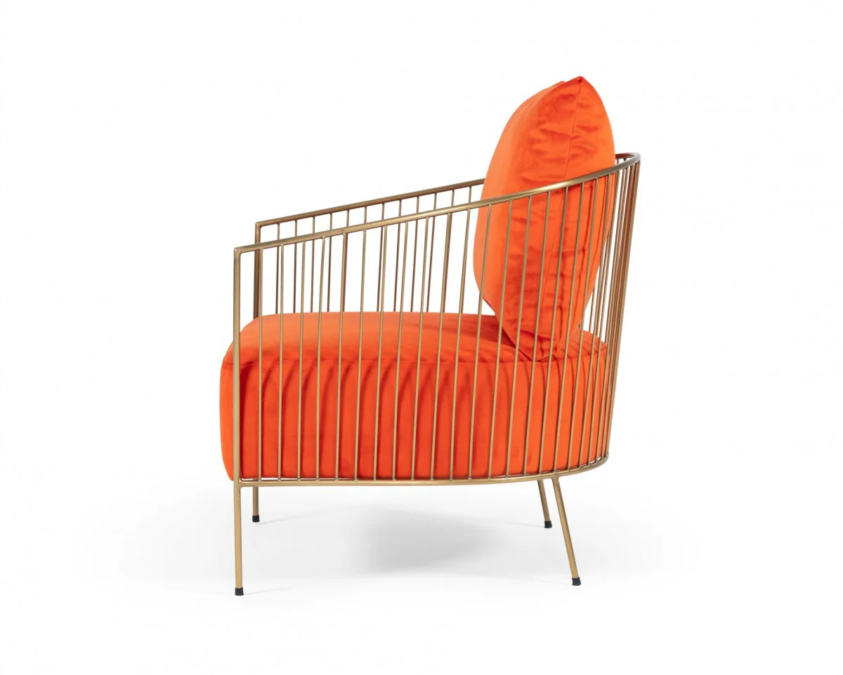 27" Orange Velvet And Gold Solid Color Arm Chair - Image 2