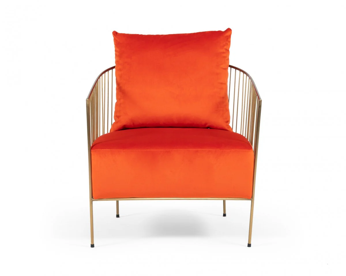 27" Orange Velvet And Gold Solid Color Arm Chair - Image 4