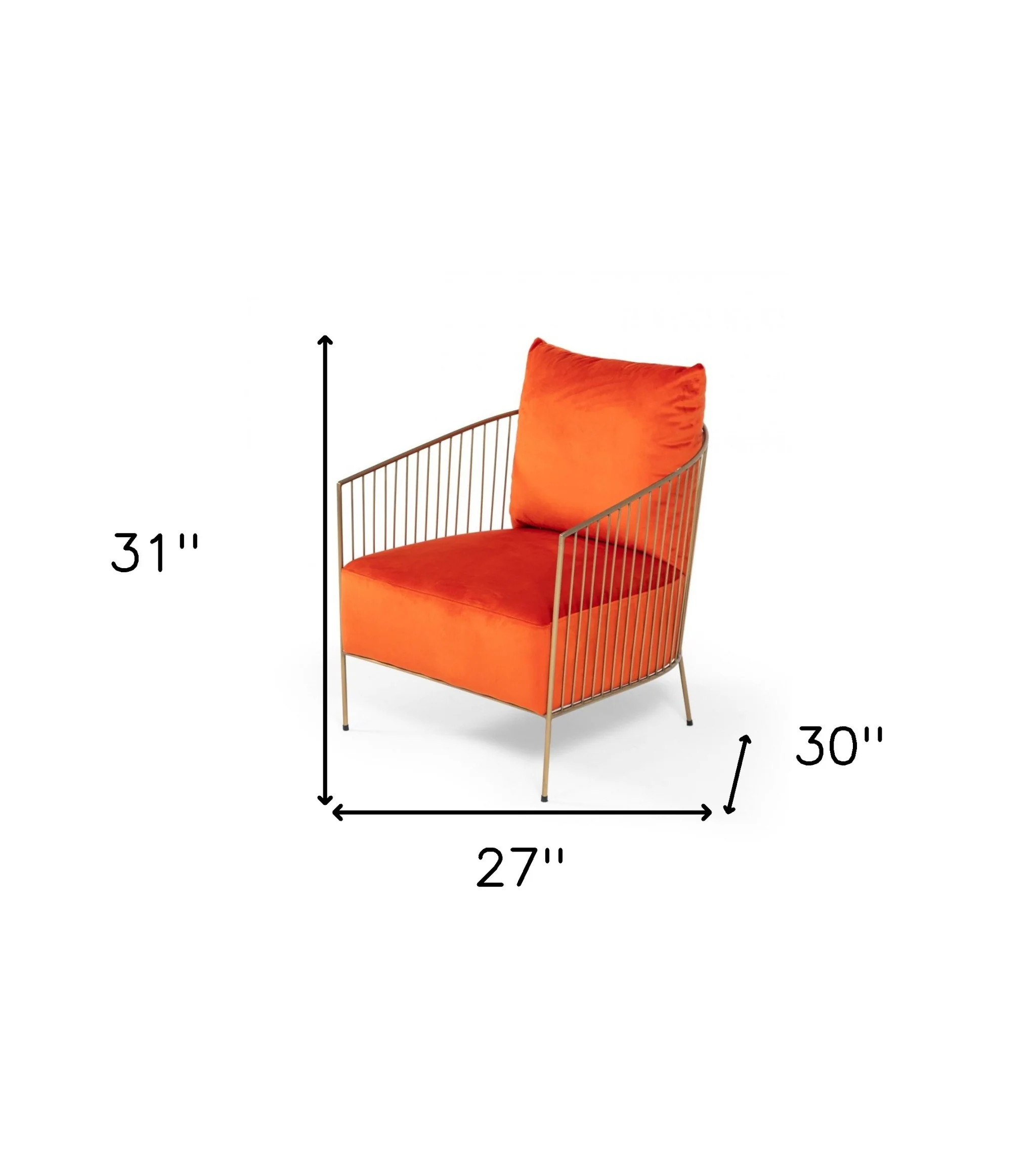 27" Orange Velvet And Gold Solid Color Arm Chair - Image 7