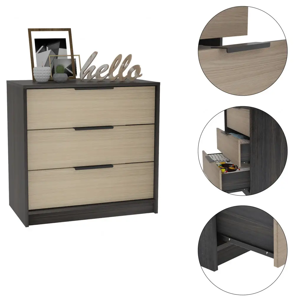 28" Black And Light Oak Manufactured Wood Three Drawer Dresser - Image 2