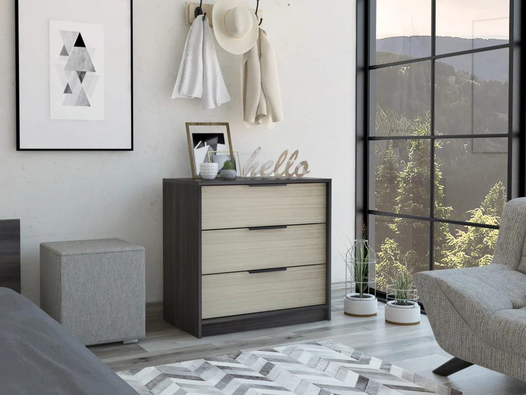 28" Black And Light Oak Manufactured Wood Three Drawer Dresser - Image 3