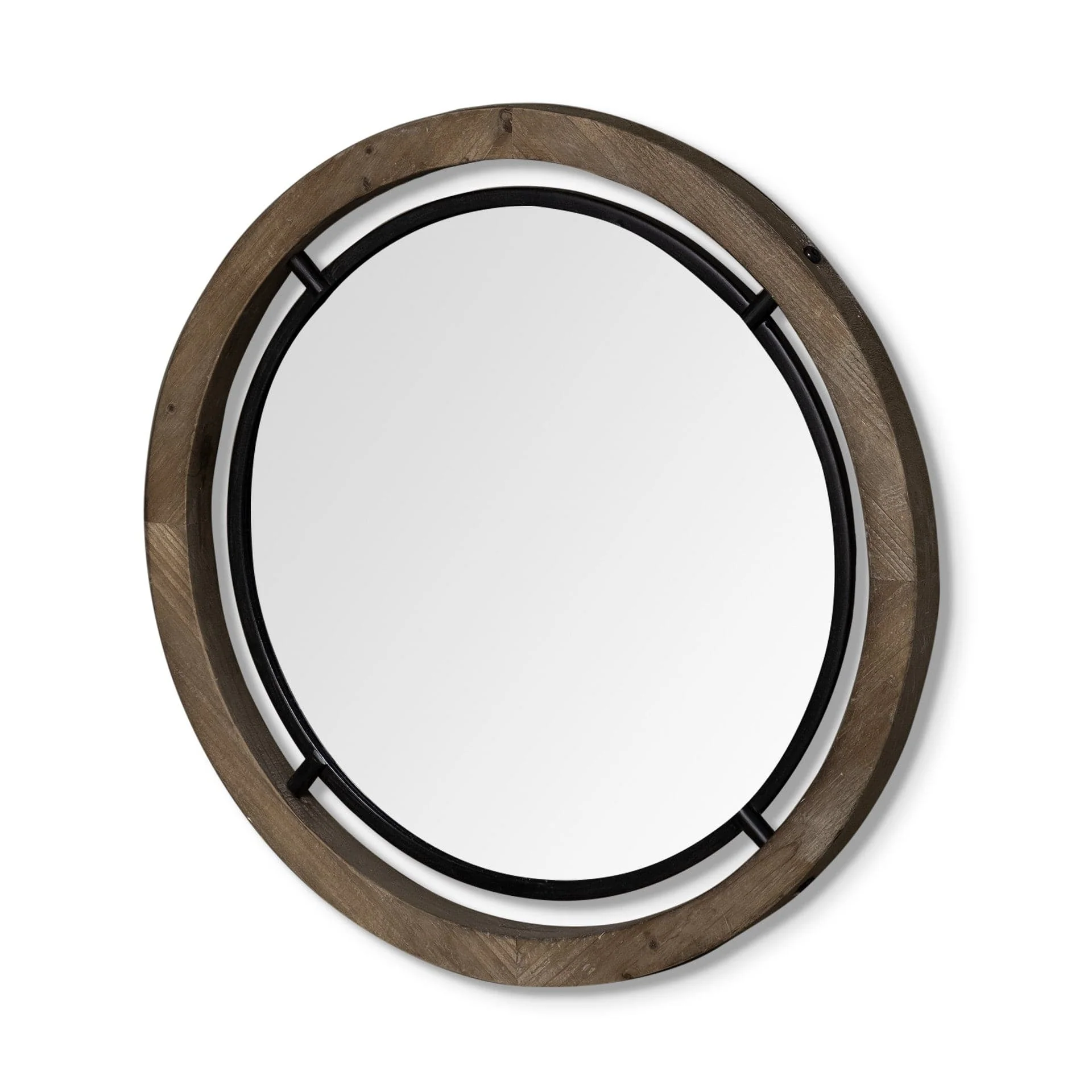 28" Brown Wood And Black Metal Round Framed Accent Mirror - Image 3