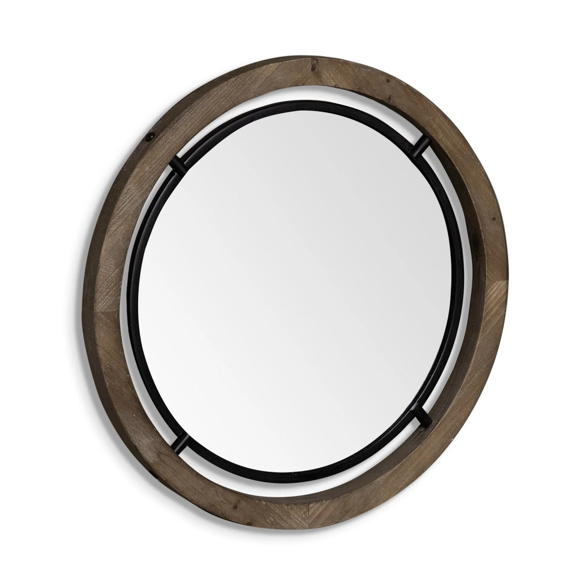 28" Brown Wood And Black Metal Round Framed Accent Mirror - Image 4