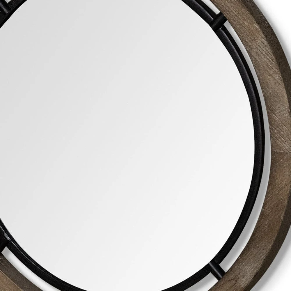 28" Brown Wood And Black Metal Round Framed Accent Mirror - Image 5