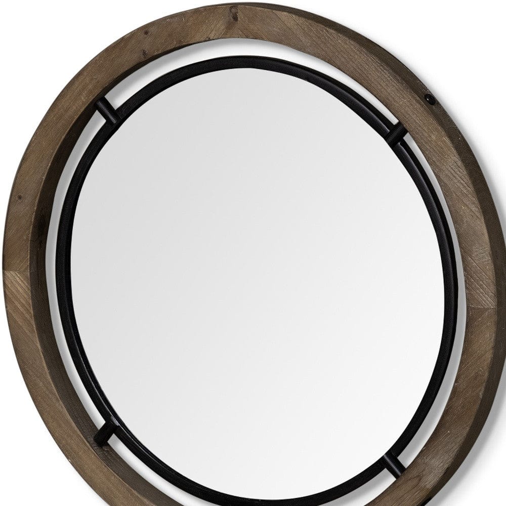 28" Brown Wood And Black Metal Round Framed Accent Mirror - Image 6
