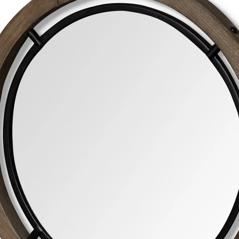28" Brown Wood And Black Metal Round Framed Accent Mirror - Image 7