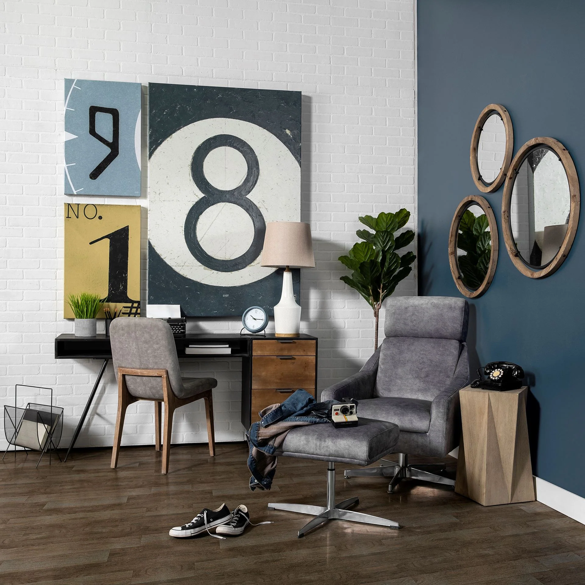 28" Brown Wood And Black Metal Round Framed Accent Mirror - Image 9