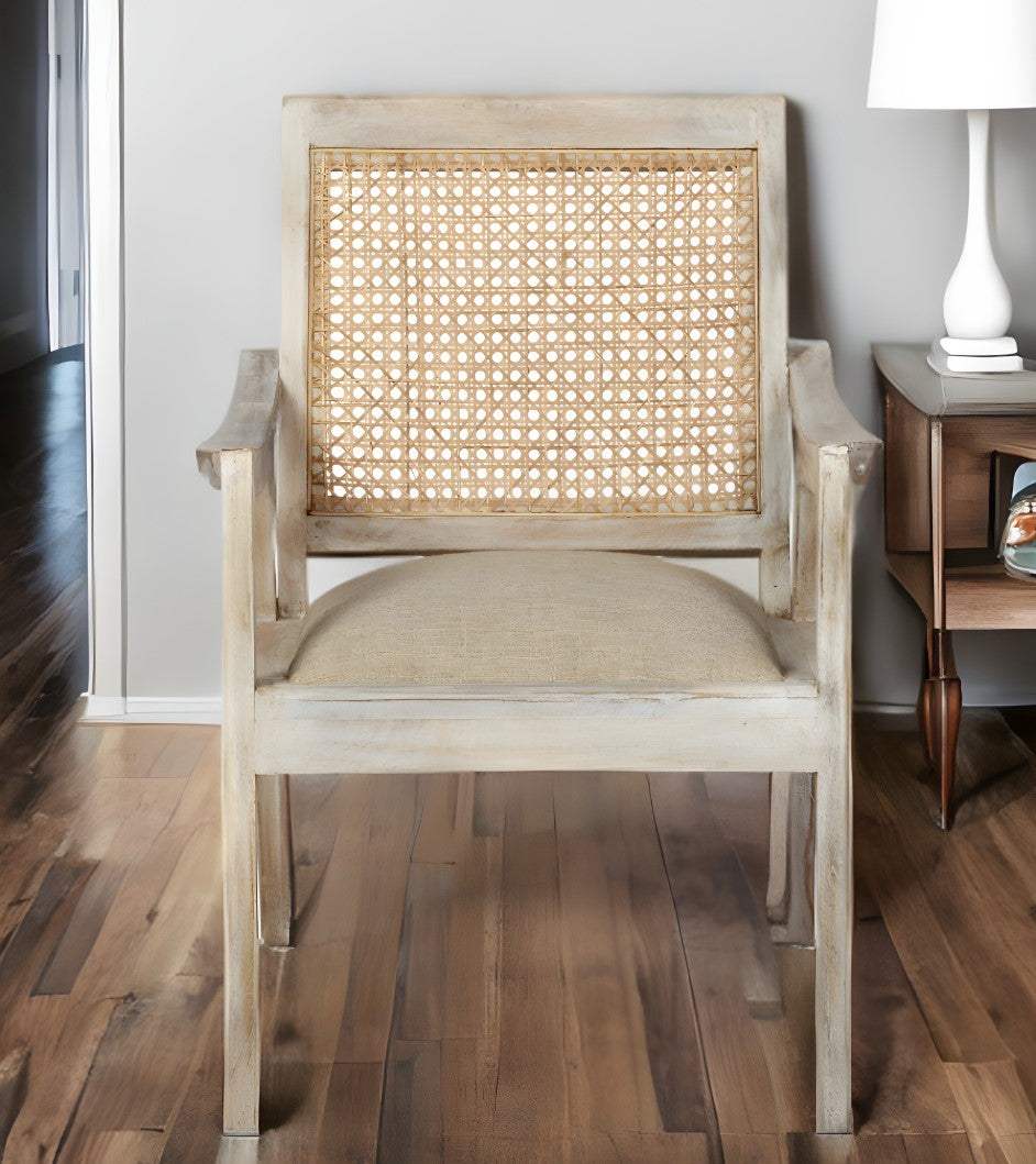 28" Cream And Natural Fabric Distressed Arm Chair - Image 2
