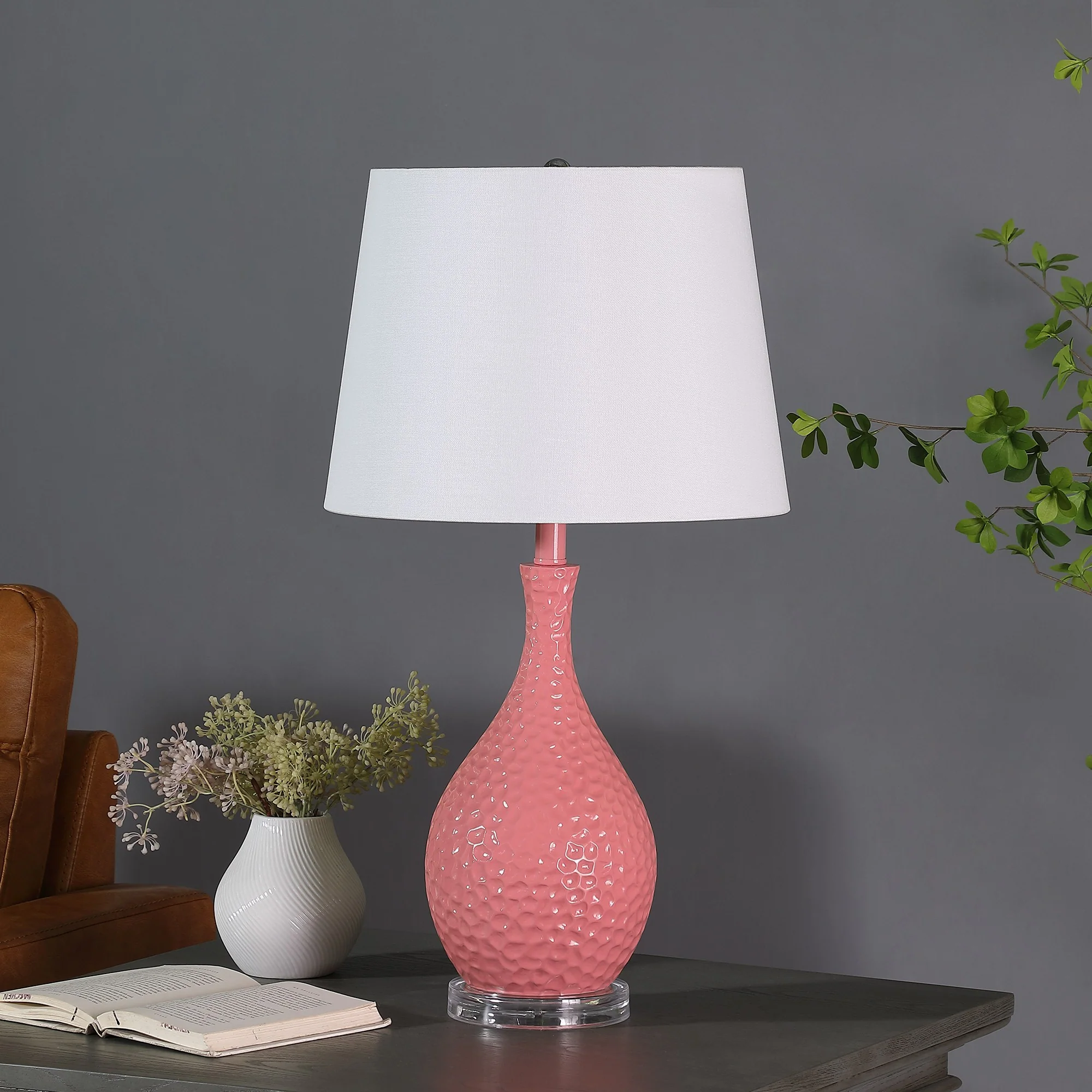 28" Pink Hammered Urn Table Lamp With White Tapered Drum Shade - Image 4