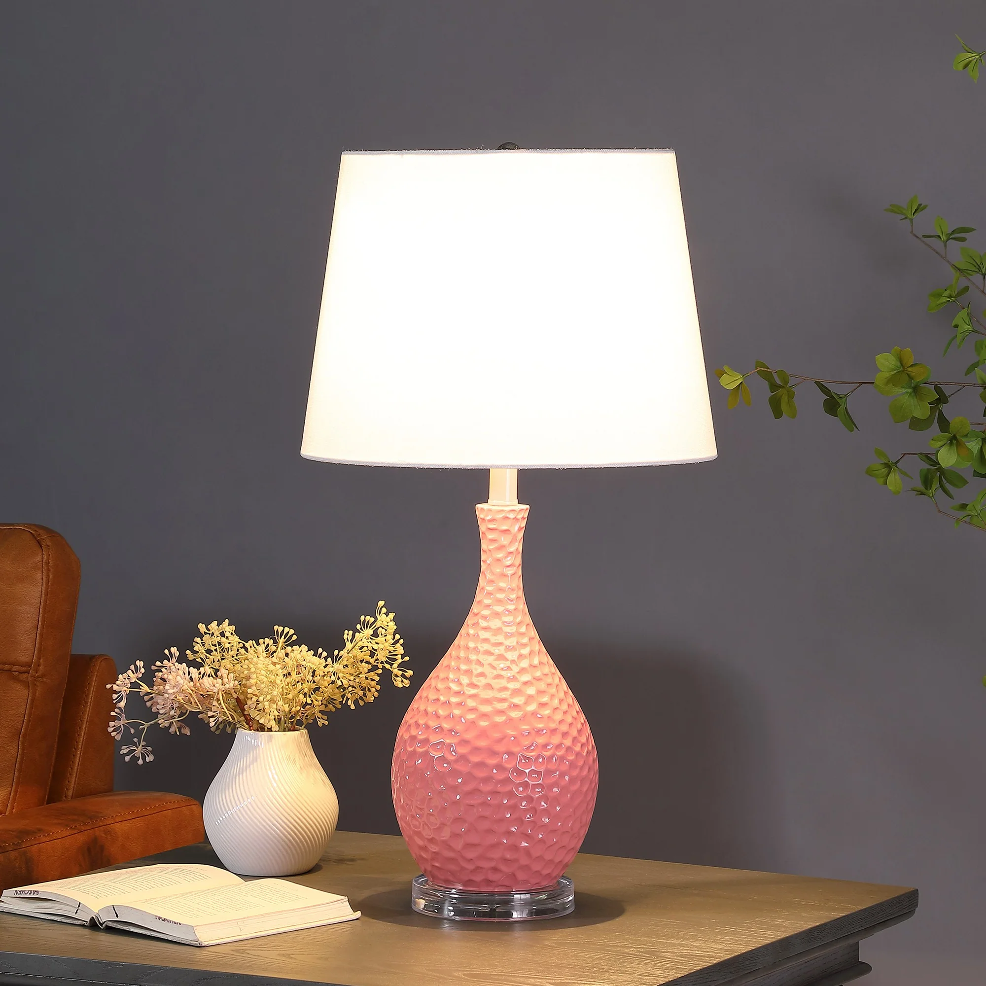 28" Pink Hammered Urn Table Lamp With White Tapered Drum Shade - Image 5