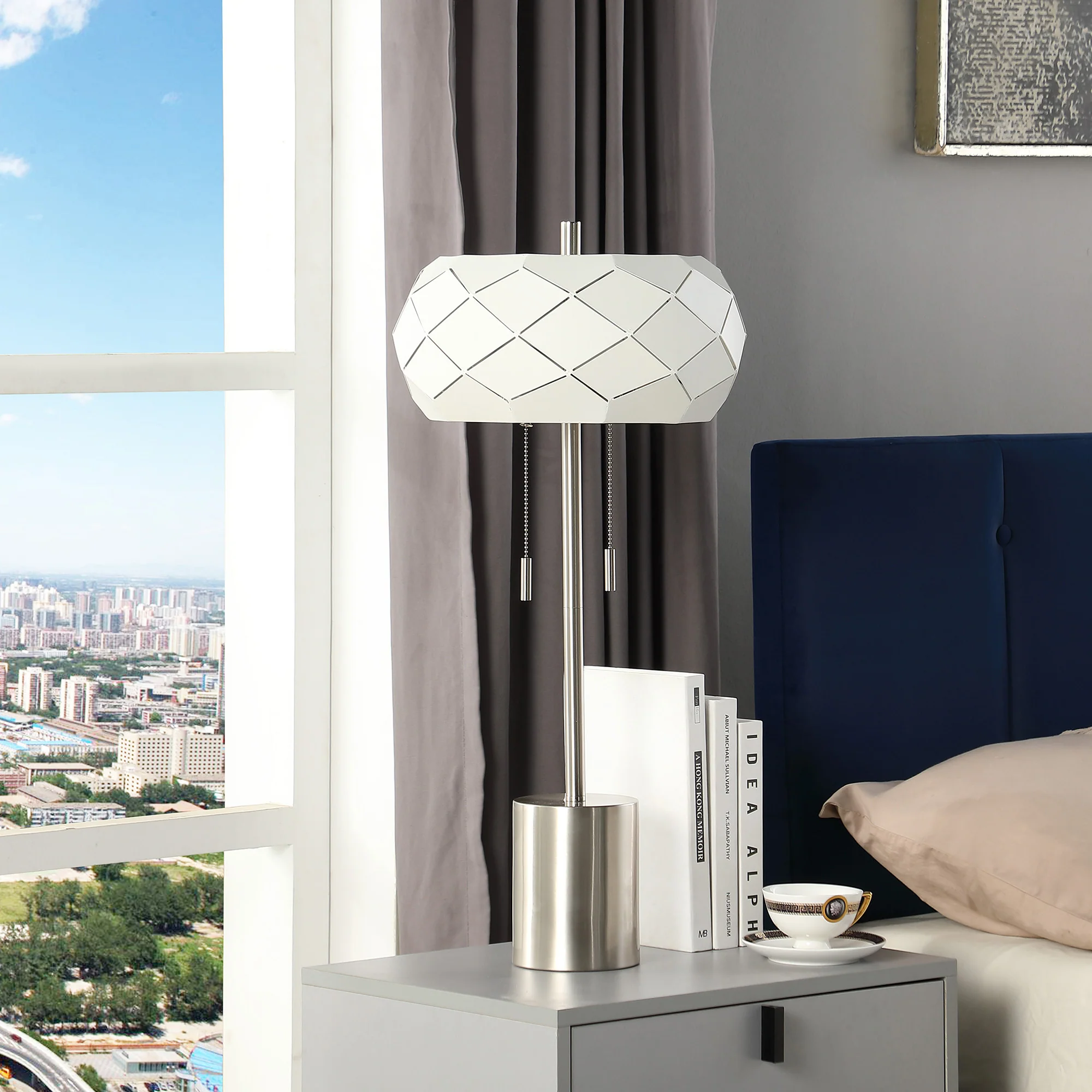 28" Silver Metal Table Lamp With Geometric Laser Cut Metal Shade - Image 5