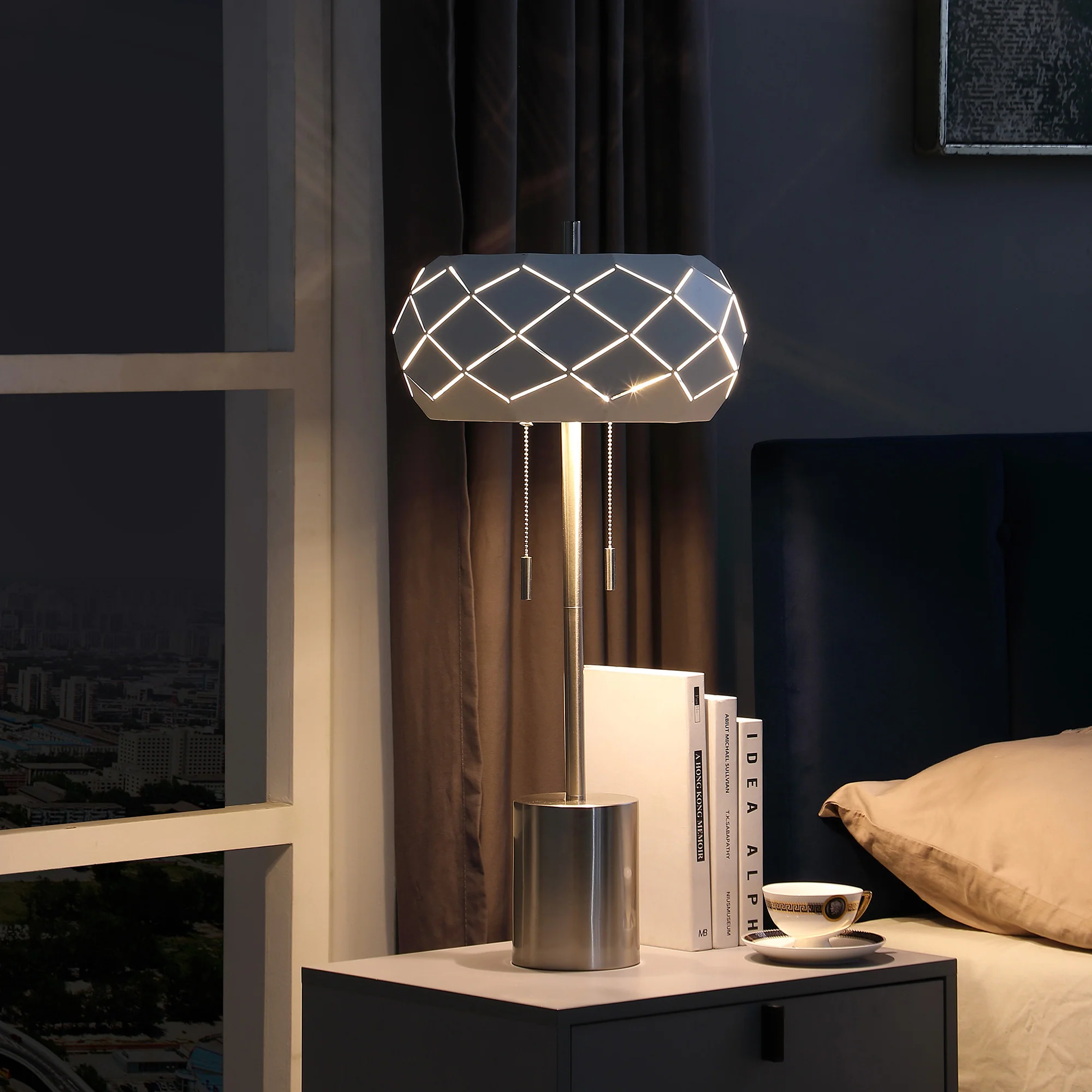 28" Silver Metal Table Lamp With Geometric Laser Cut Metal Shade - Image 6