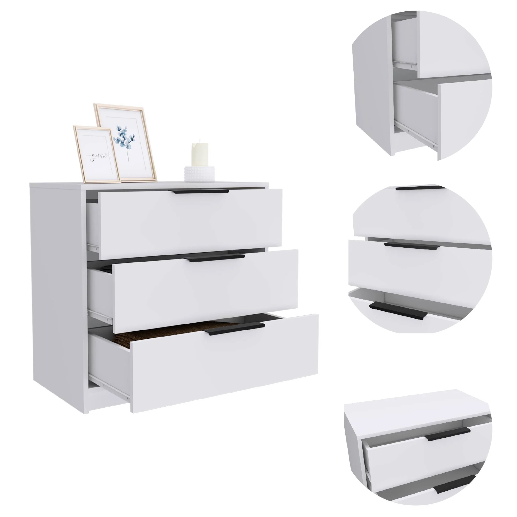 28" White Manufactured Wood Three Drawer Dresser - Image 2