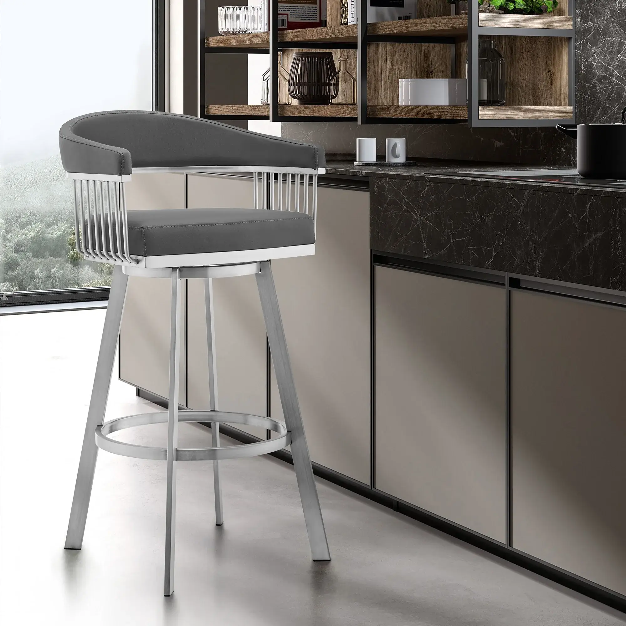 29" Gray And Silver Iron Swivel Backless Bar Height Bar Chair - Image 9