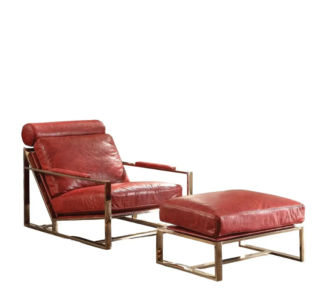 29" Red And Gold Top Grain Leather Lounge Chair With Ottoman - Image 2