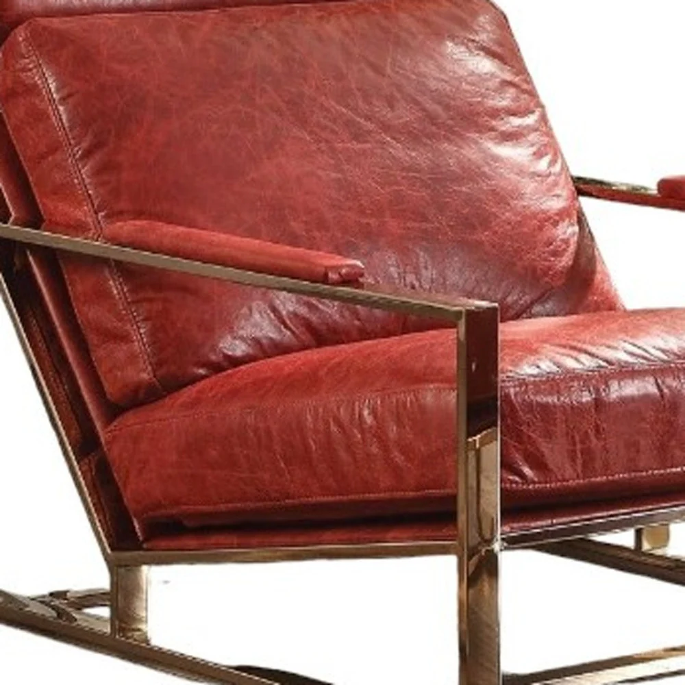29" Red And Gold Top Grain Leather Lounge Chair With Ottoman - Image 3