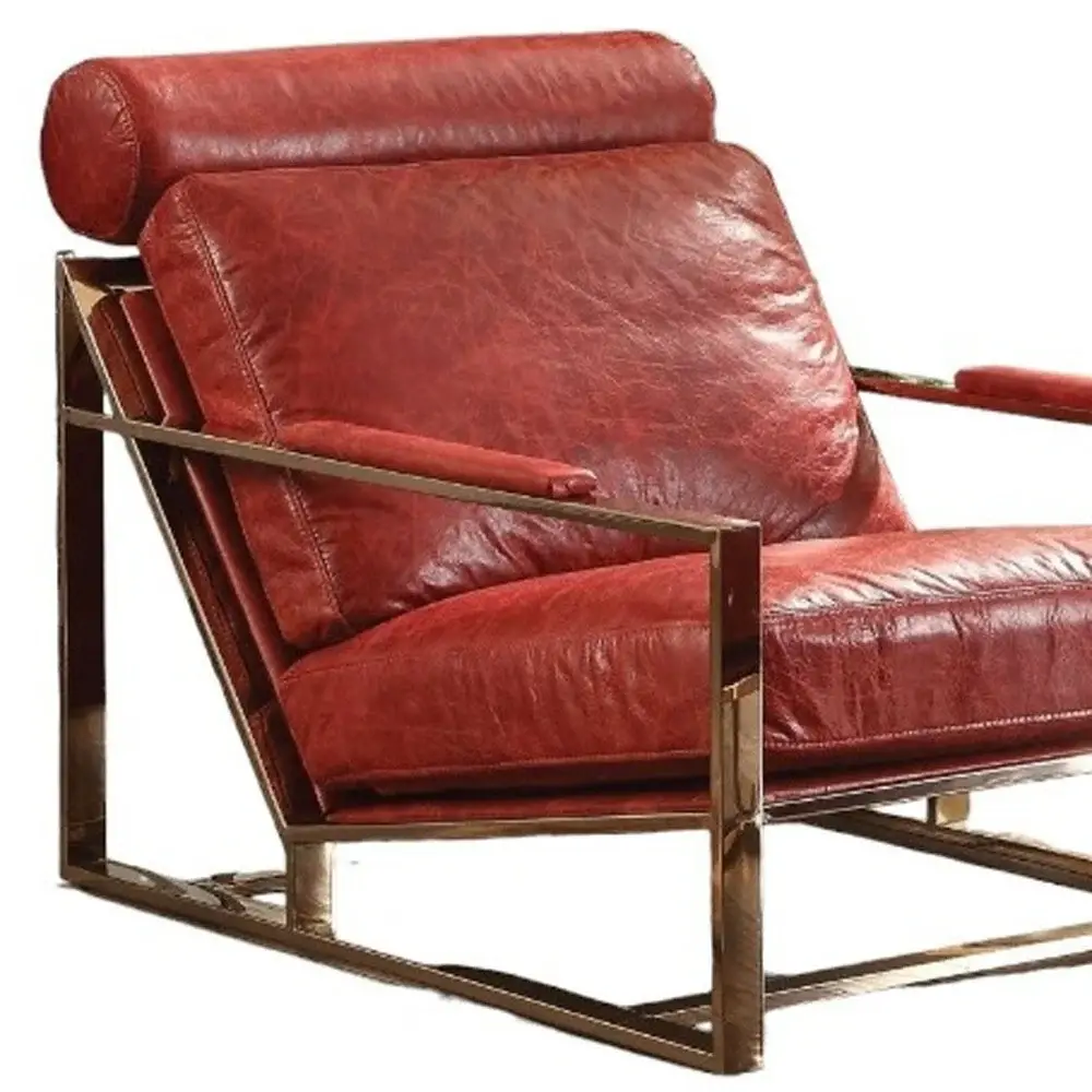 29" Red And Gold Top Grain Leather Lounge Chair With Ottoman - Image 4