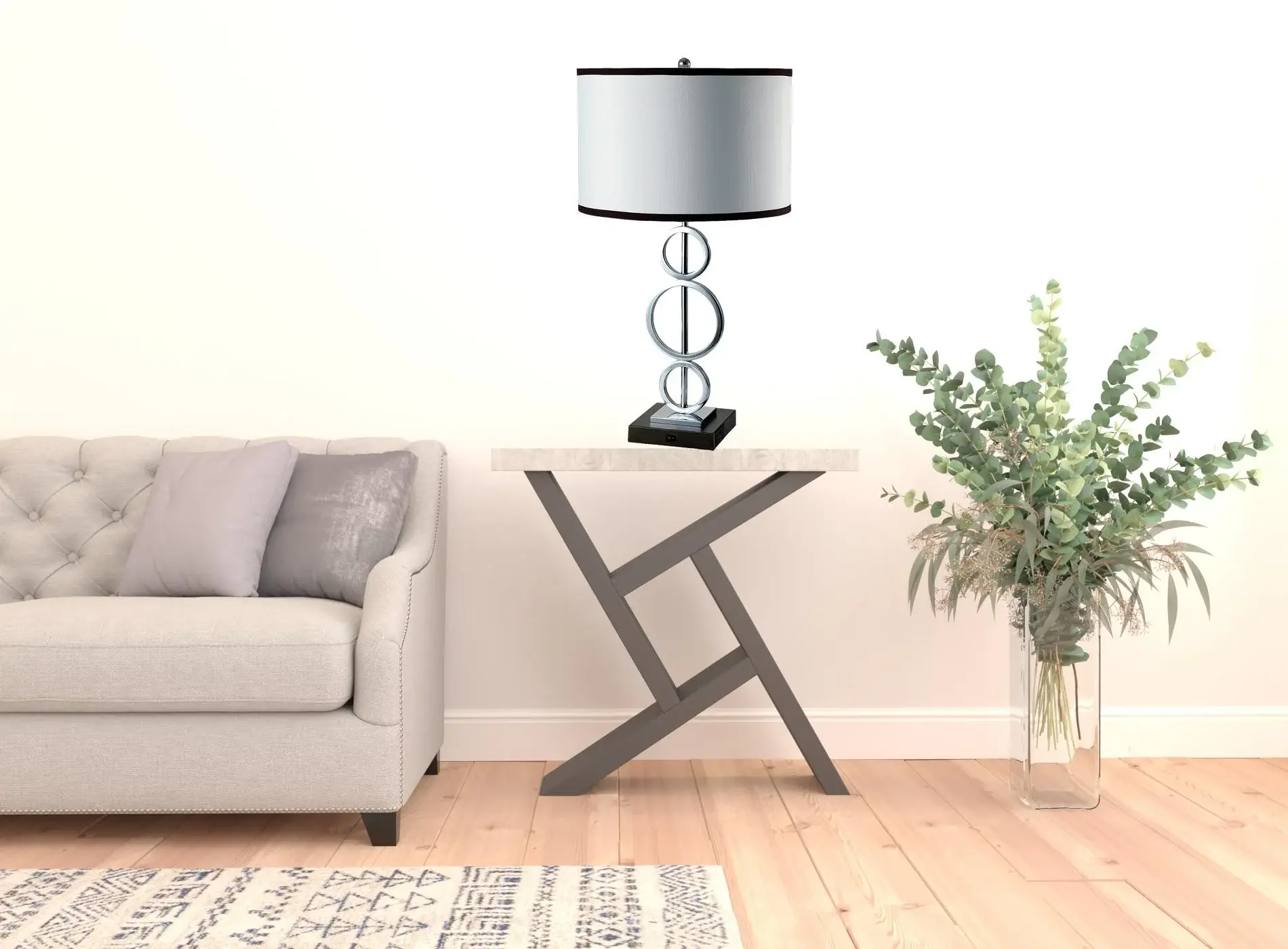 29" Silver Metal Bedside Geo Table Lamp With White and Black Trim Classic Drum Shade - Image 3