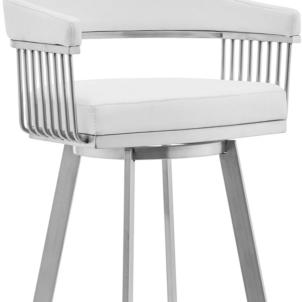 29" White And Silver Iron Swivel Low Back Bar Height Bar Chair - Image 8