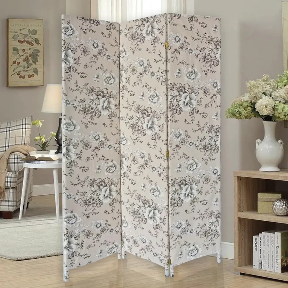 3 Panel Beige And Black Soft Fabric Finish Room Divider - Image 4