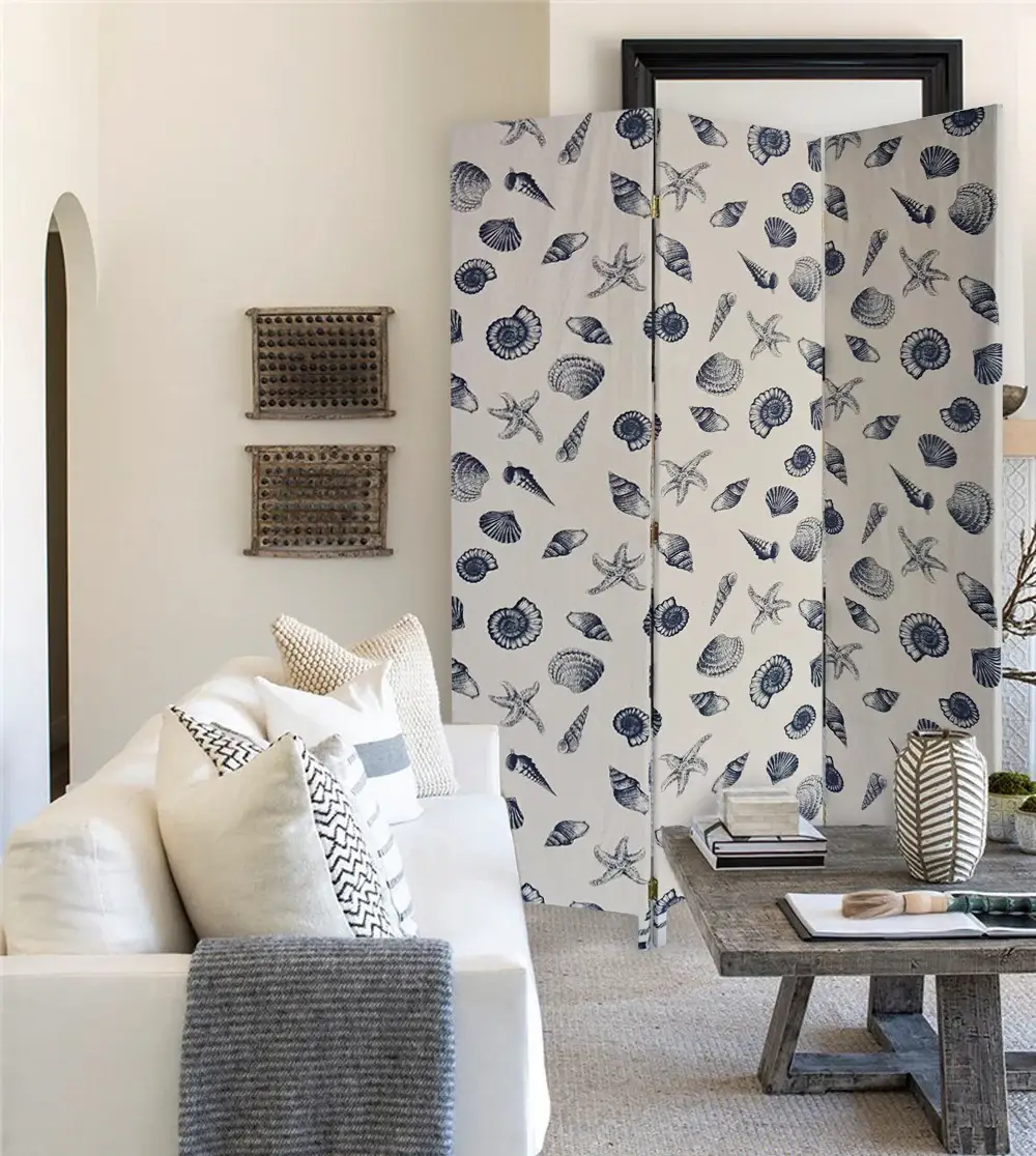3 Panel Beige And Blue Soft Fabric Finish Room Divider - Image 4