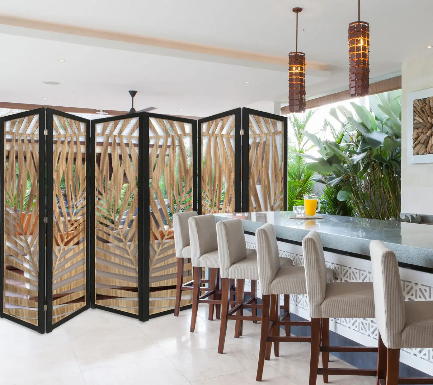 3 Panel Room Divider With Tropical Leaf Design - Image 5