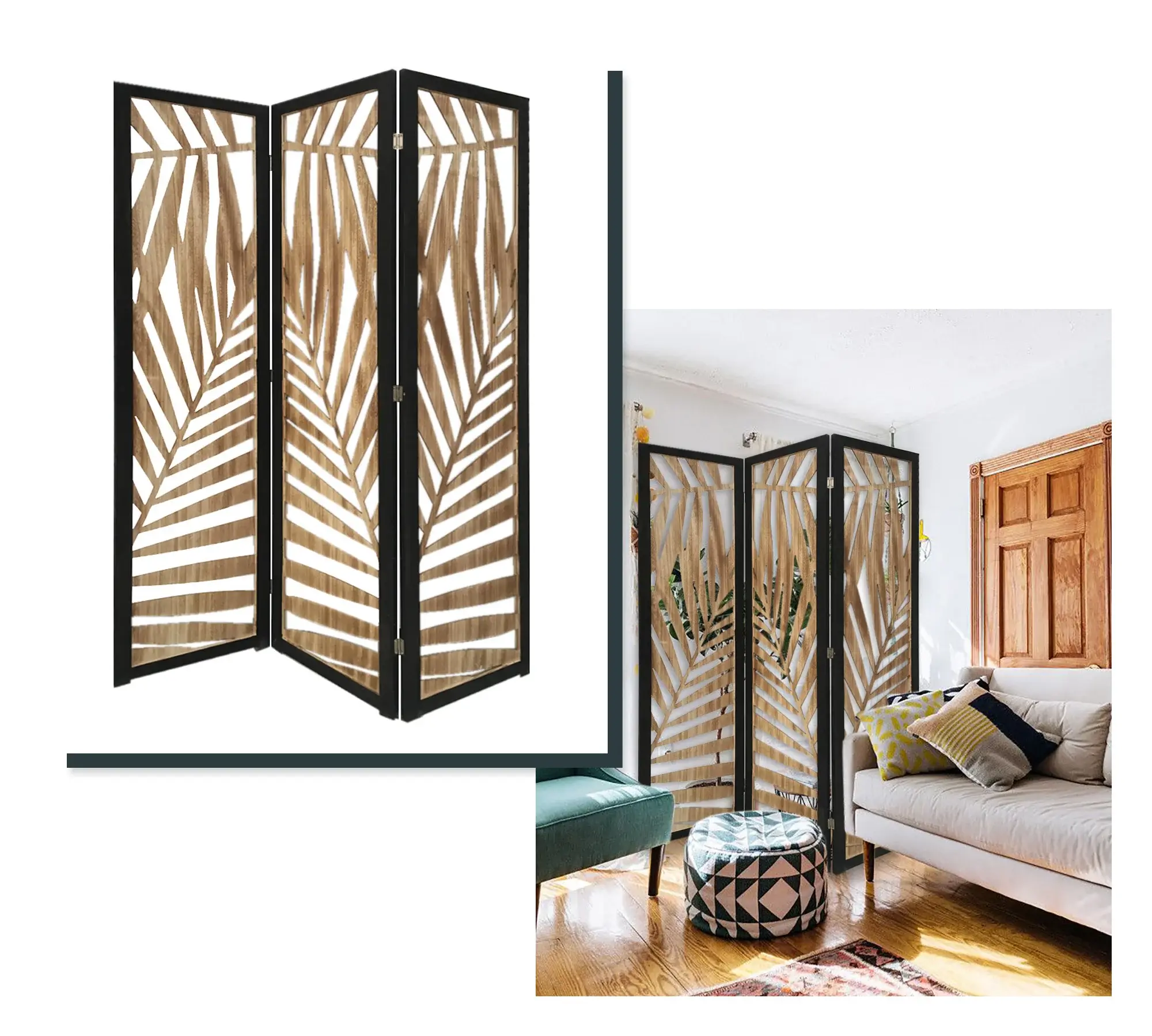 3 Panel Room Divider With Tropical Leaf Design - Image 6
