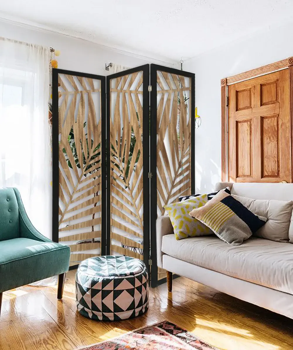3 Panel Room Divider With Tropical Leaf Design - Image 7