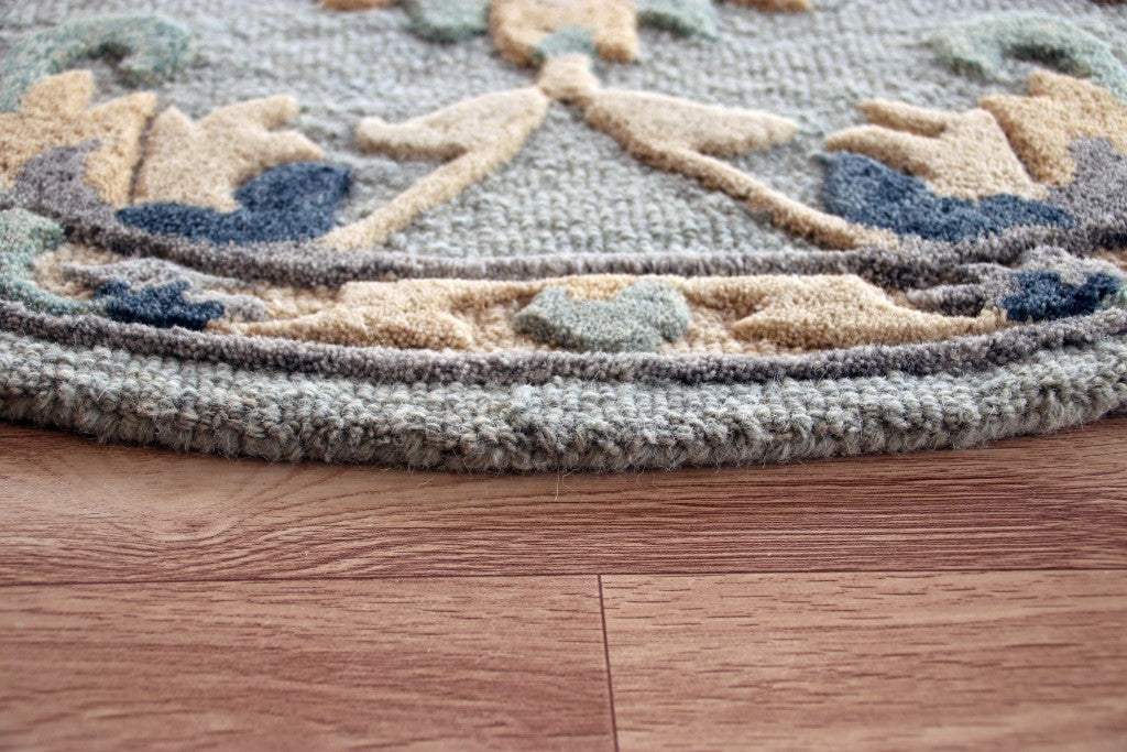 3' Round Beige and Blue Round Wool Floral Hand Woven Area Rug - Image 5
