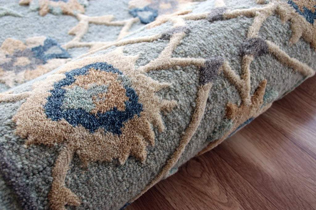 3' Round Beige and Blue Round Wool Floral Hand Woven Area Rug - Image 6