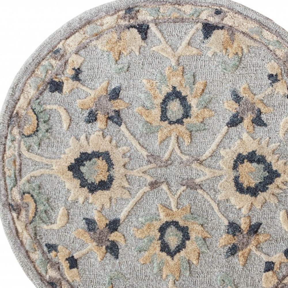3' Round Beige and Blue Round Wool Floral Hand Woven Area Rug - Image 7