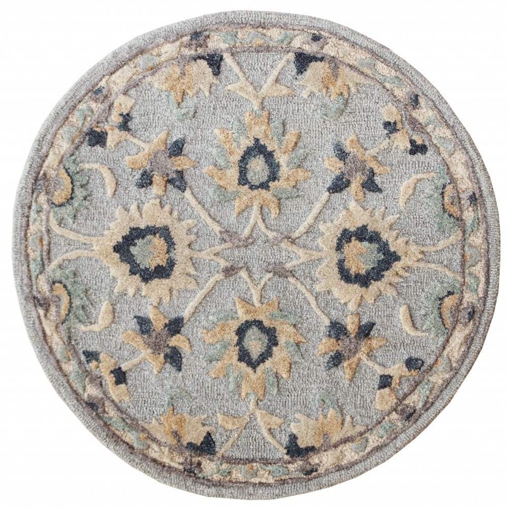 3' Round Beige and Blue Round Wool Floral Hand Woven Area Rug - Image 8