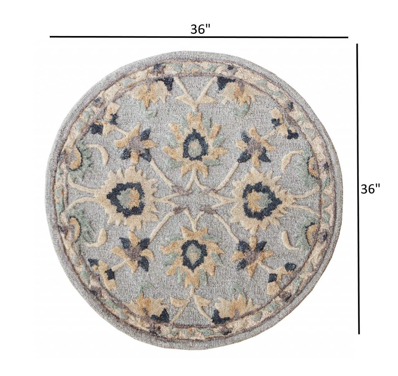 3' Round Beige and Blue Round Wool Floral Hand Woven Area Rug - Image 9