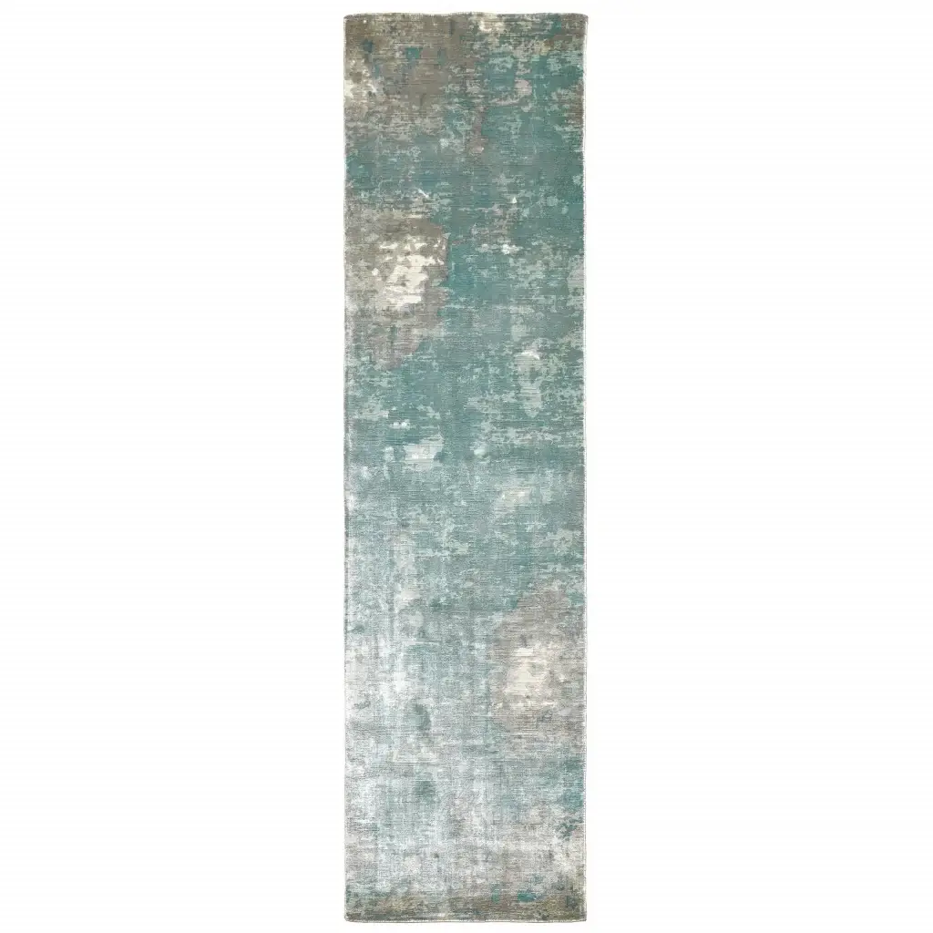 3' X 10' Blue And Gray Abstract Pattern Indoor Runner Rug