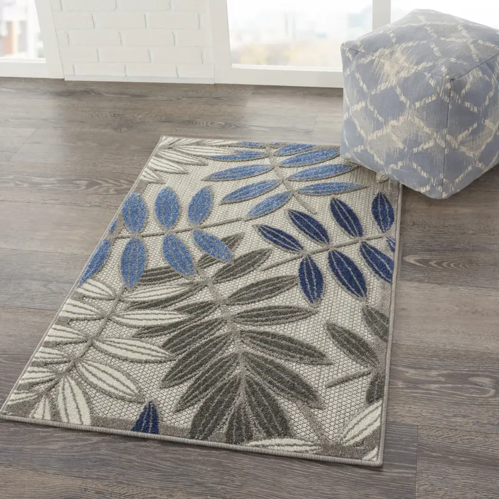 3' X 4' Blue And Gray Floral Indoor Outdoor Area Rug - Image 5