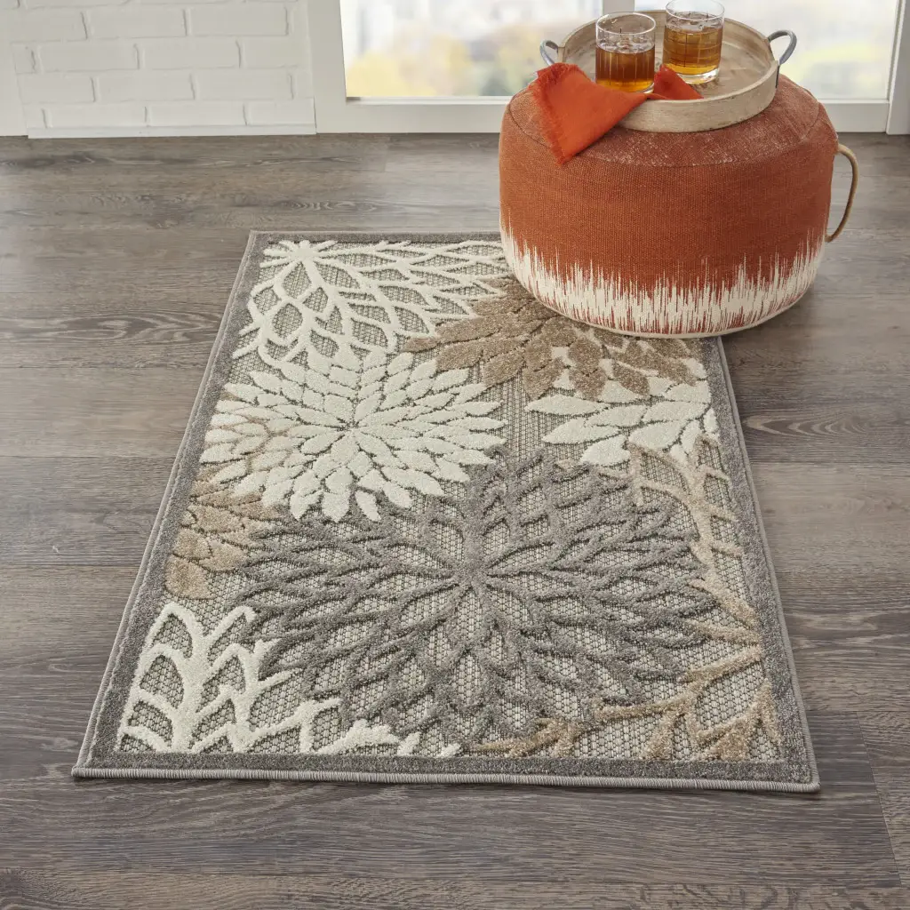 3' X 4' Gray And Ivory Floral Indoor Outdoor Area Rug - Image 5