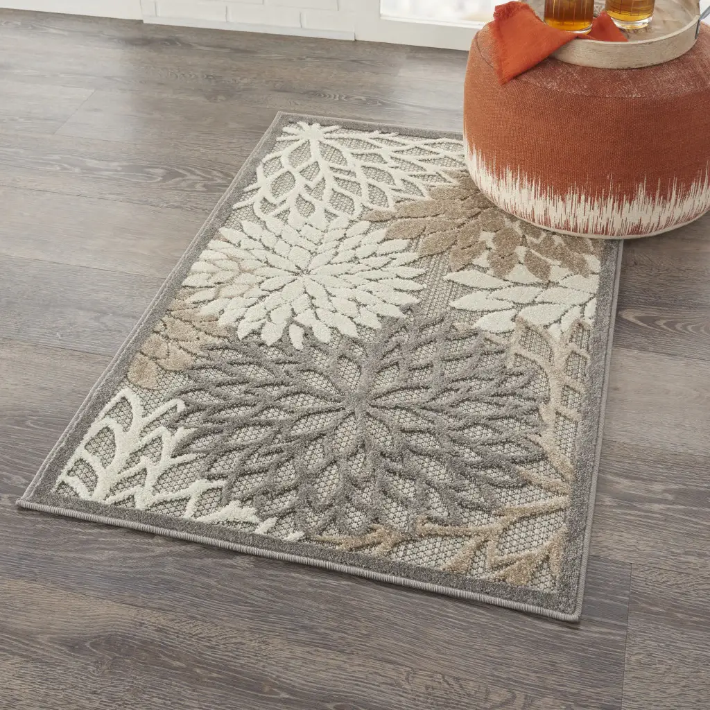 3' X 4' Gray And Ivory Floral Indoor Outdoor Area Rug - Image 6