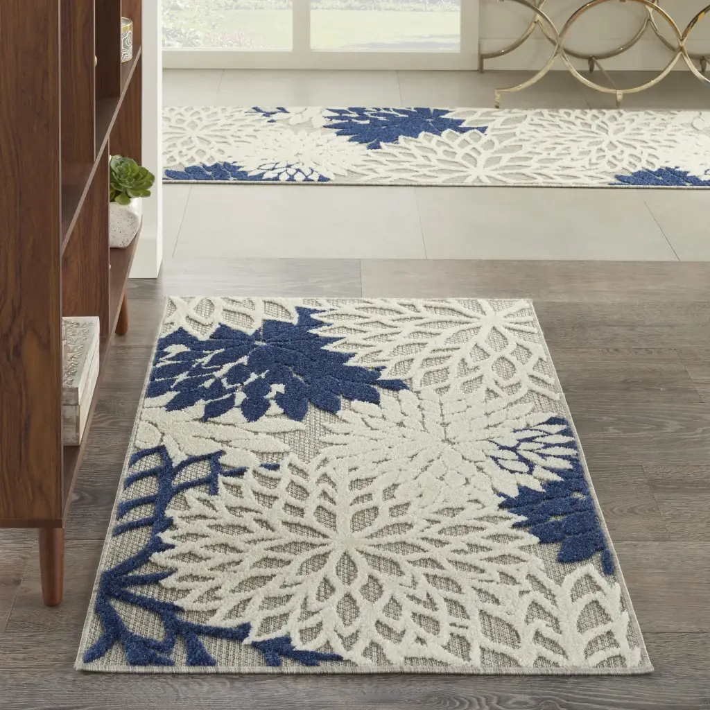 3' X 4' Ivory And Blue Floral Indoor Outdoor Area Rug - Image 2
