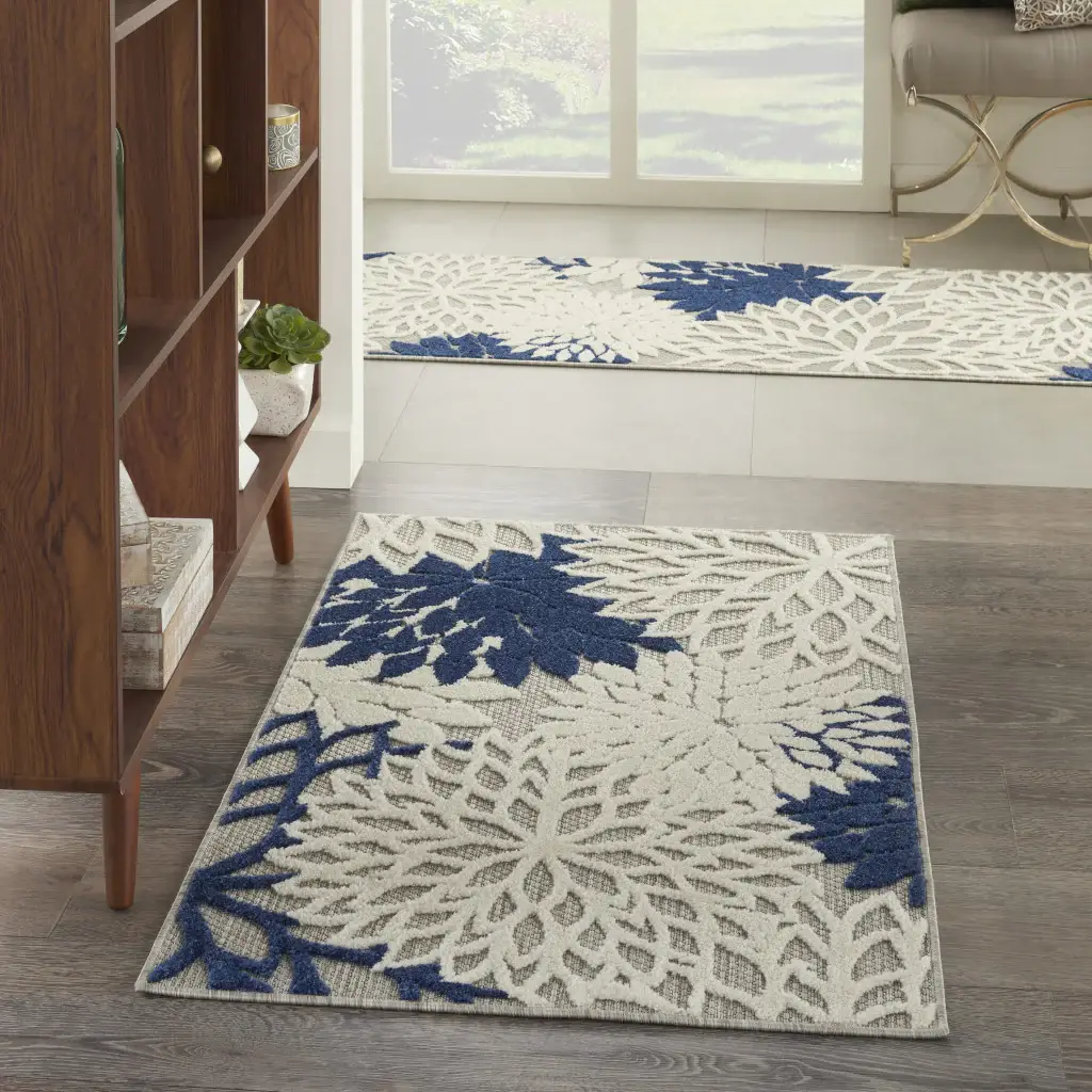 3' X 4' Ivory And Blue Floral Indoor Outdoor Area Rug - Image 4