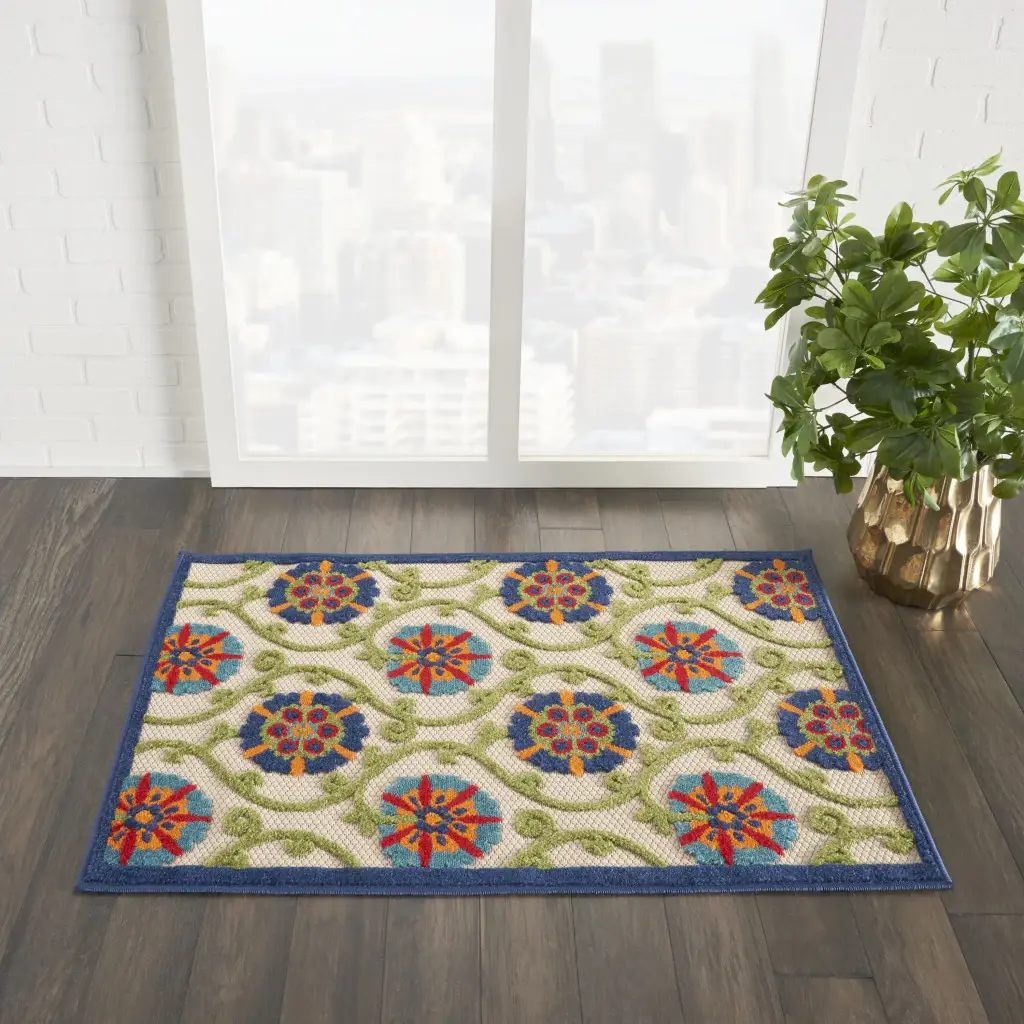 3' X 4' Ivory And Blue Floral Indoor Outdoor Area Rug - Image 7