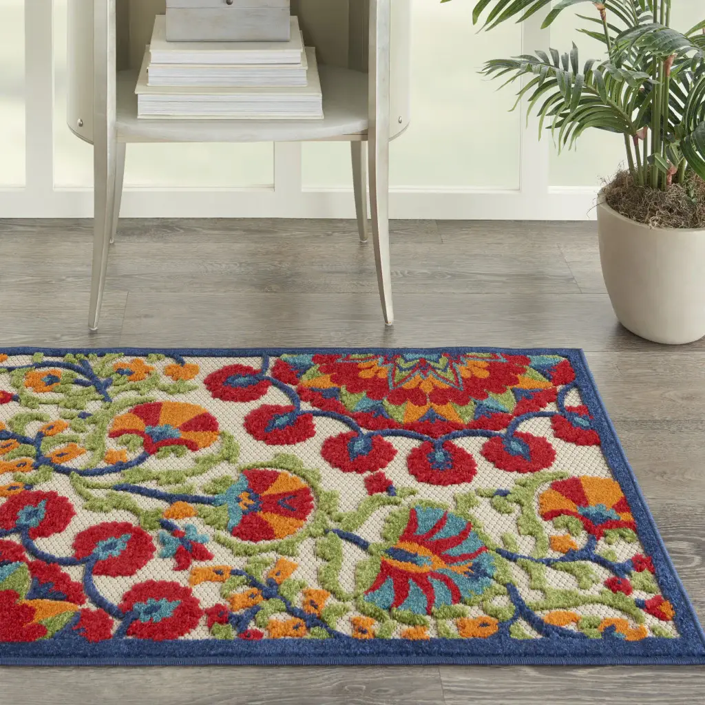 3' X 4' Red And Ivory Floral Indoor Outdoor Area Rug - Image 2
