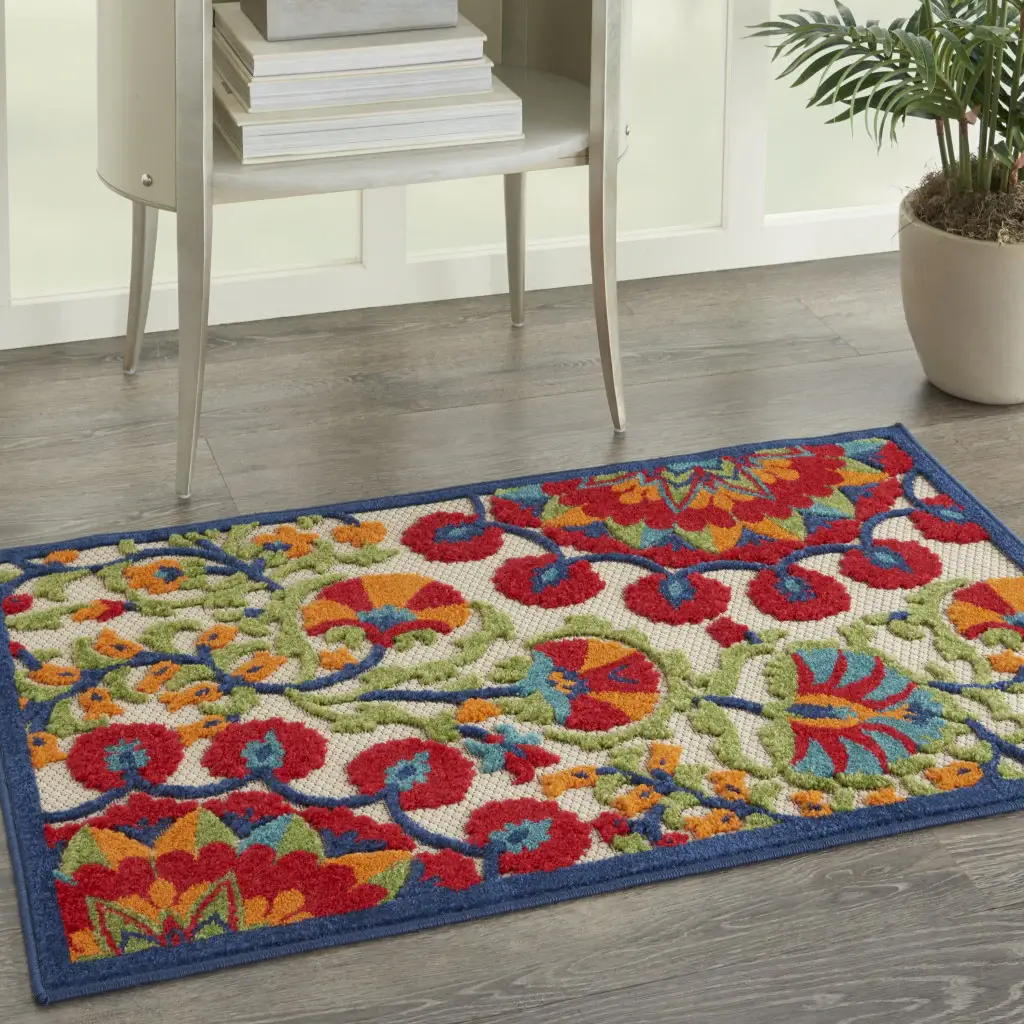 3' X 4' Red And Ivory Floral Indoor Outdoor Area Rug - Image 4