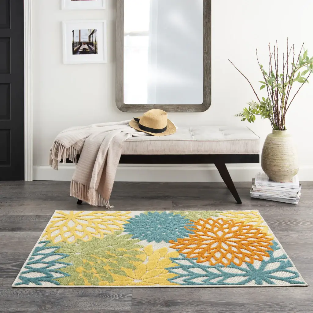 3' X 4' Turquoise Floral Non Skid Indoor Outdoor Area Rug - Image 8