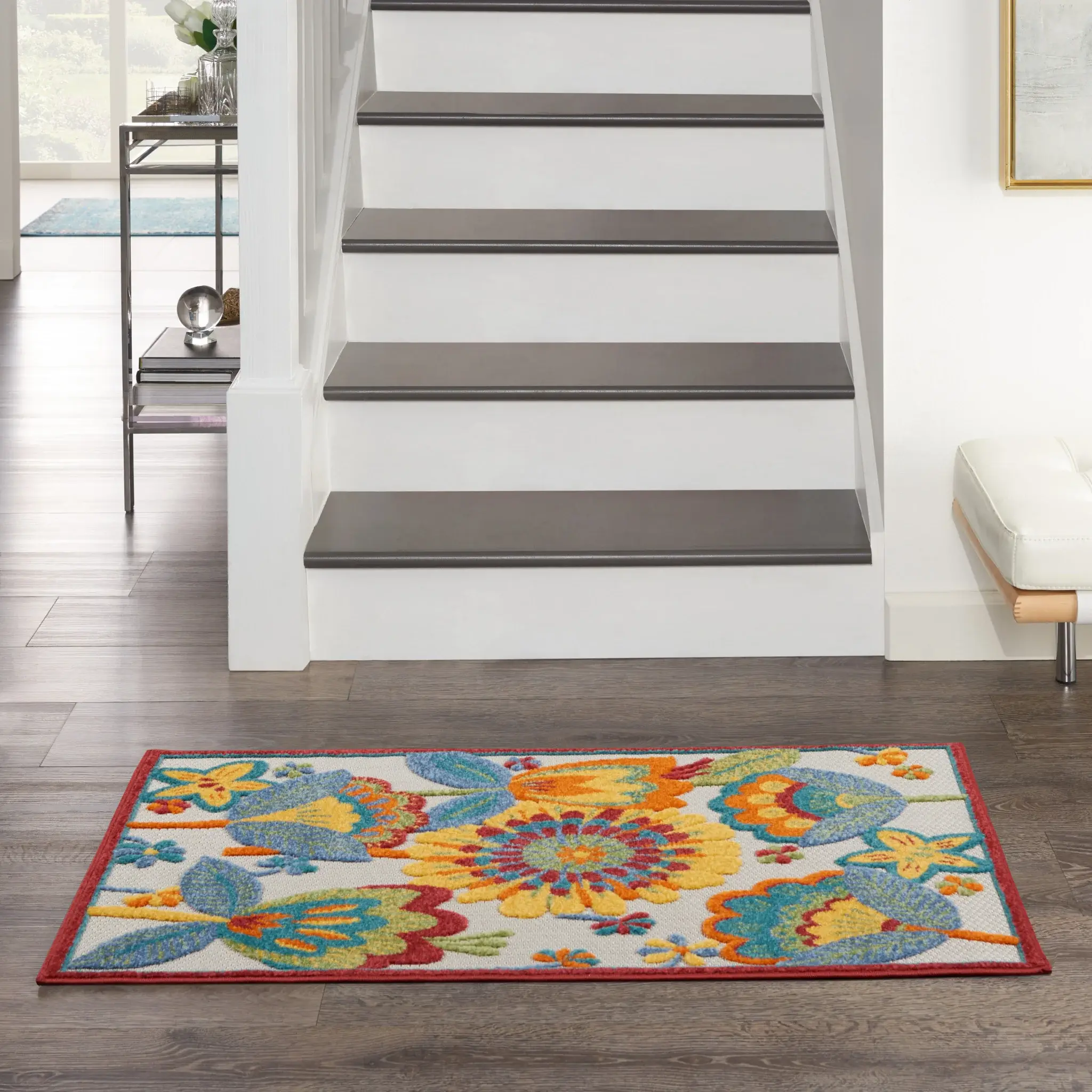 3' X 4' Yellow And Teal Floral Non Skid Indoor Outdoor Area Rug - Image 8