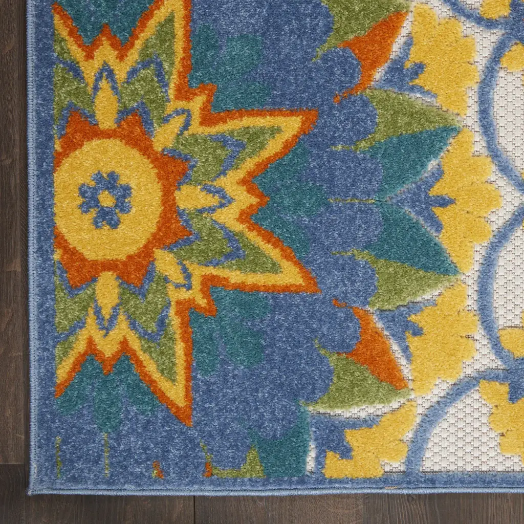 3' X 4' Yellow And Teal Toile Non Skid Indoor Outdoor Area Rug - Image 4