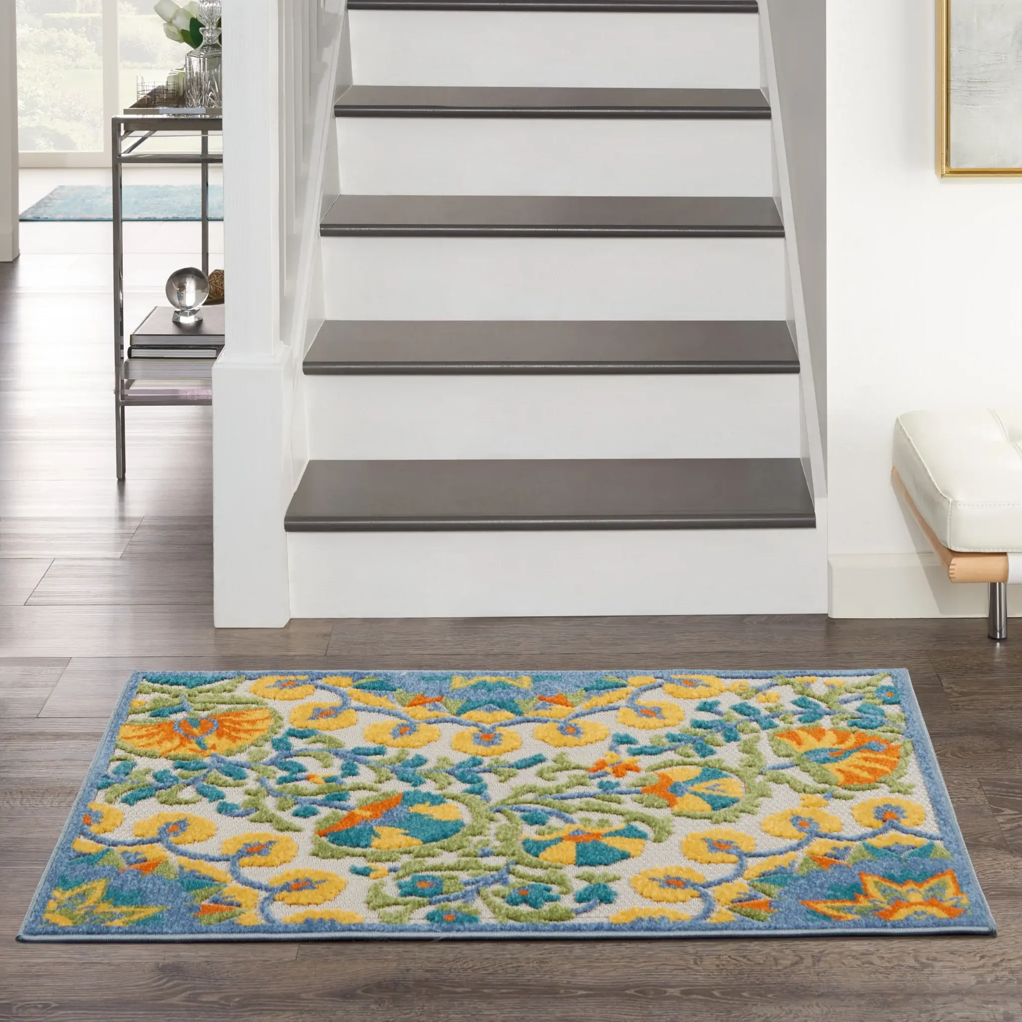 3' X 4' Yellow And Teal Toile Non Skid Indoor Outdoor Area Rug - Image 8