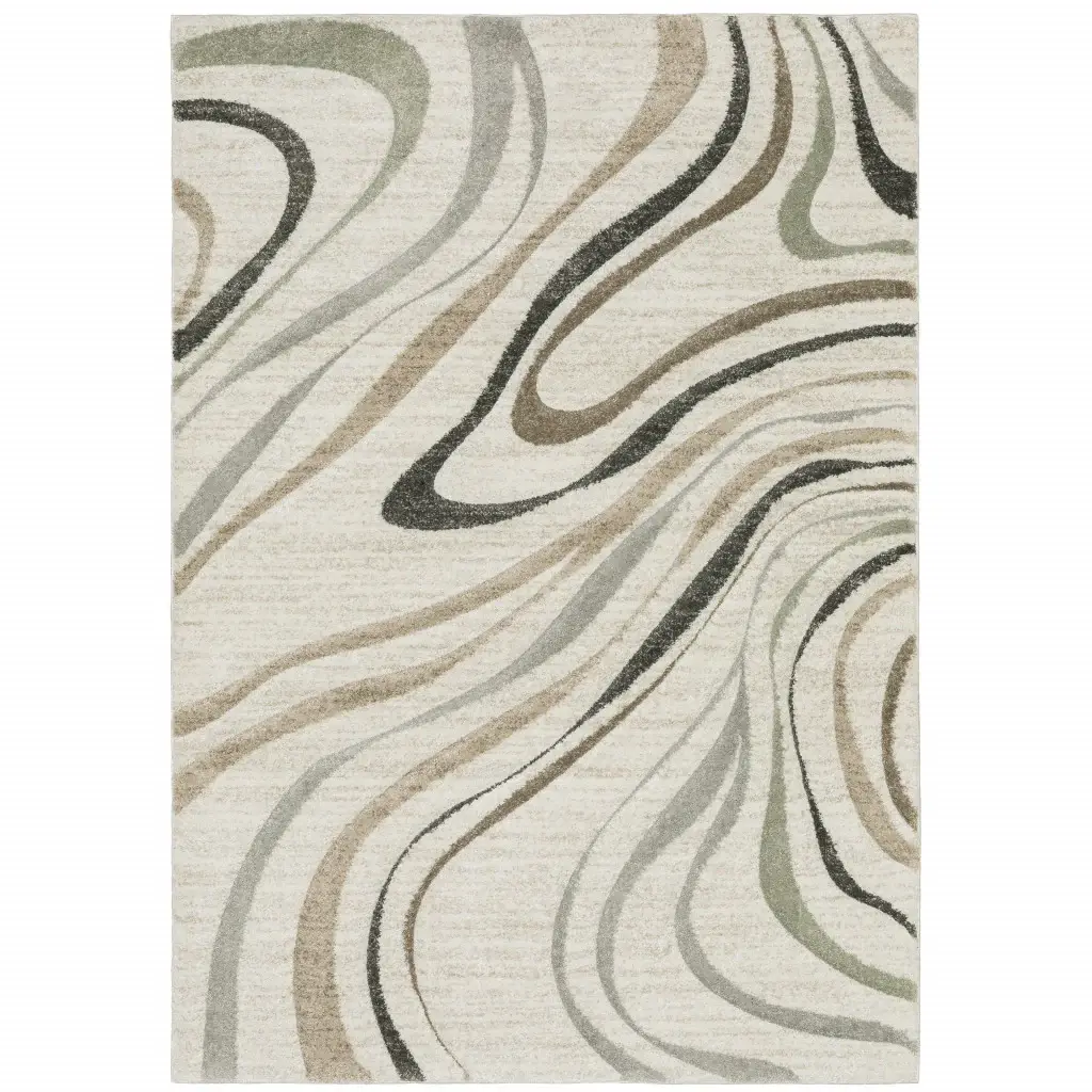3' X 5' Beige Grey Brown Sage Pale Blue Tan And Charcoal Abstract Power Loom Stain Resistant Area Rug - Image 2