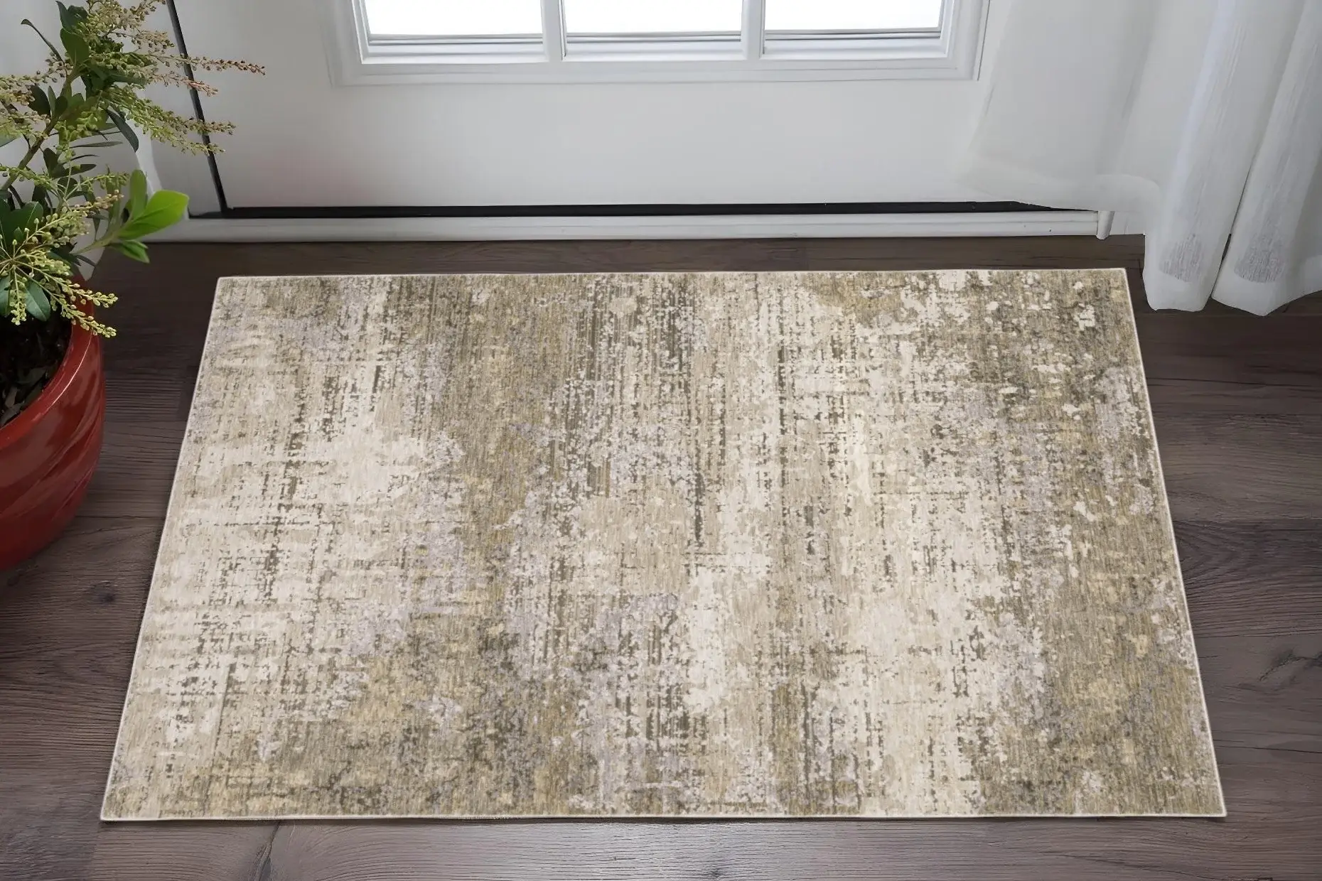 3' X 5' Beige Grey Ivory Tan And Brown Abstract Power Loom Stain Resistant Area Rug